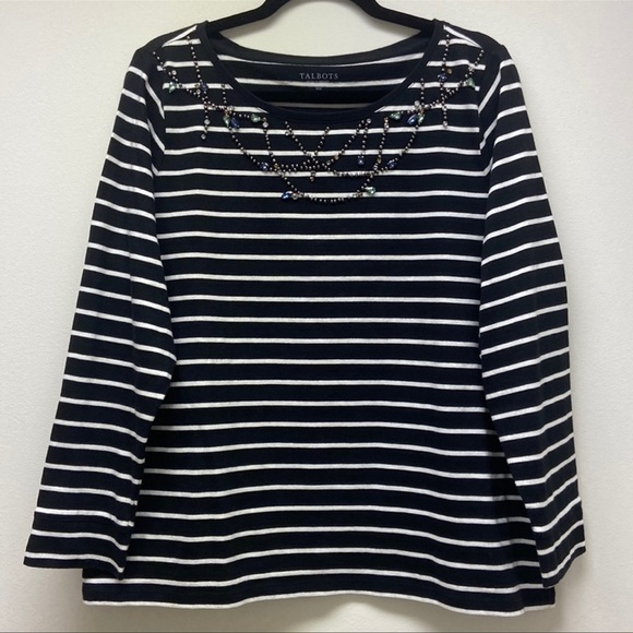 TALBOTS Women’s Petites Embellished Long Sleeved Striped‎ Shirt Black/White 1XP - Picture 7 of 11